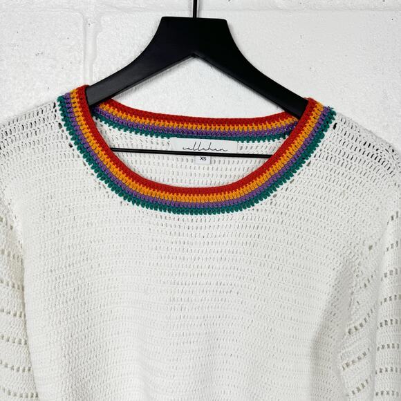 Callahan Crocheted Sweater Size XS White Rainbow Trim  Cropped Bell‎ Sleeve - Picture 4 of 10